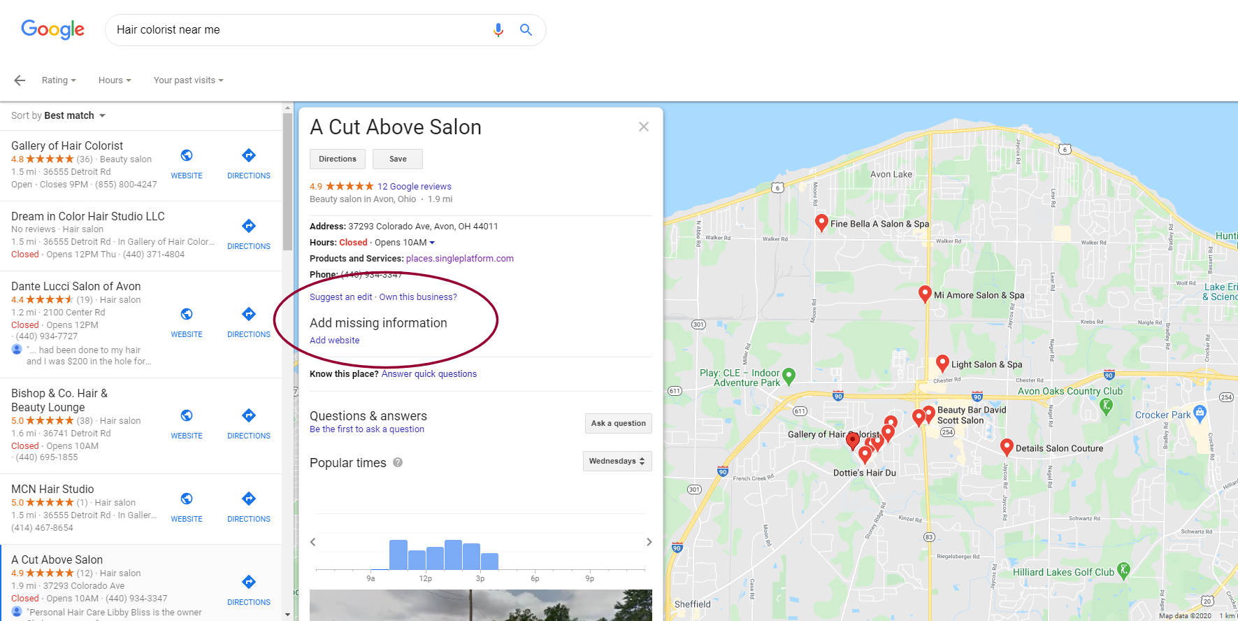 Google Map listing for A Cut Above showing more details and that the business is not claimed.