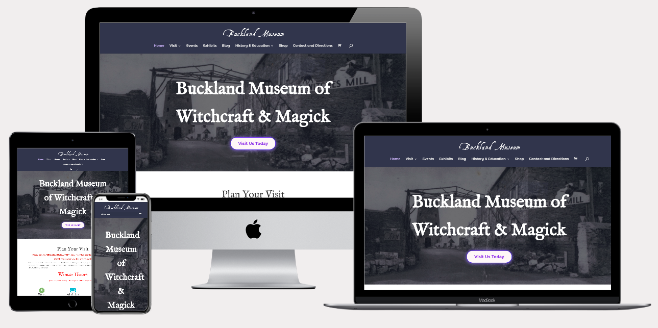 Screenshot showing the Buckland Museum website optimized for responsive layout on desktop, laptop, tablet, and phone.